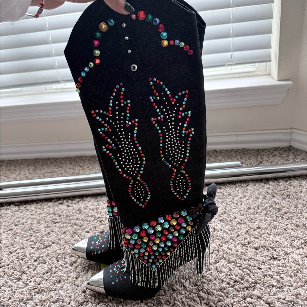 Gianni Bini Blue Jean Boots with Multicolor Accents - Picture 2 of 4